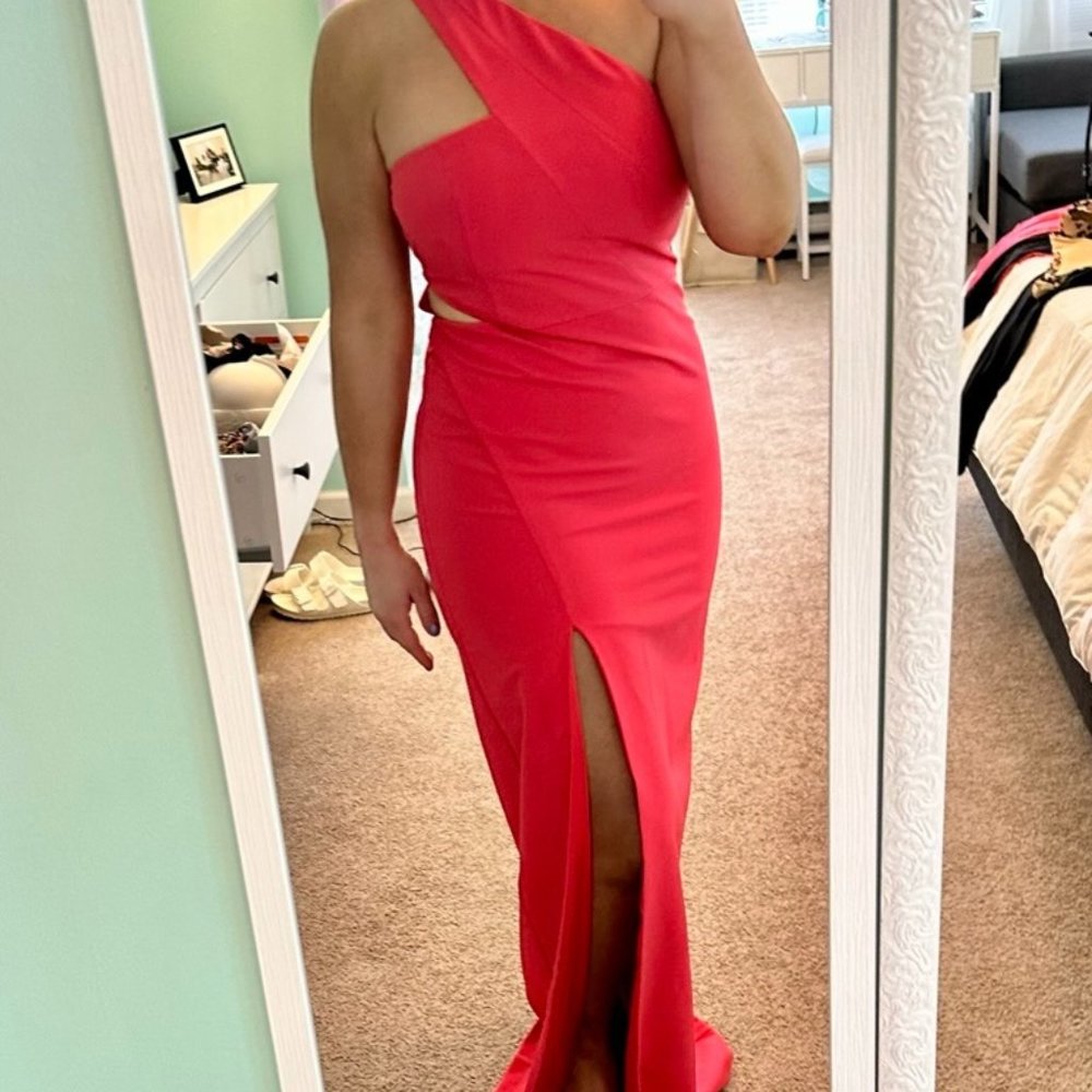 Aidan by Aidan Mattox One-Shoulder Crepe Cutout Gown - Ht Tomato